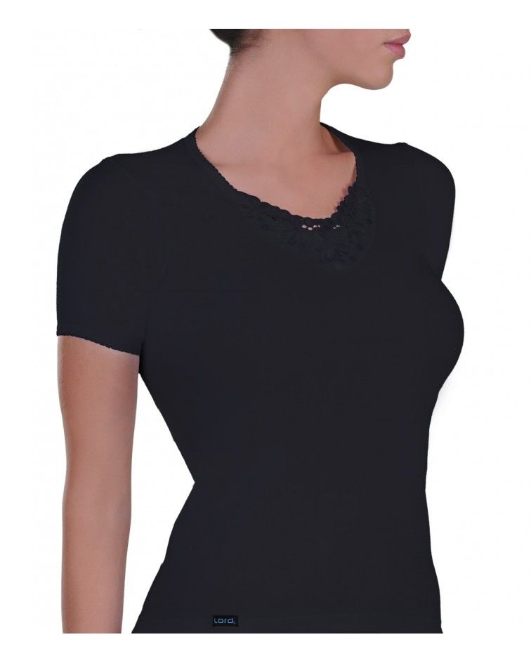 T-Shirt, open neck, motif, black