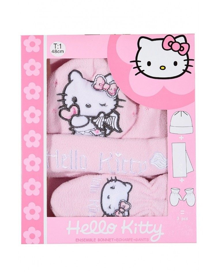 Hello Kitty Set, hat, pair of gloves and a scarf, pink
