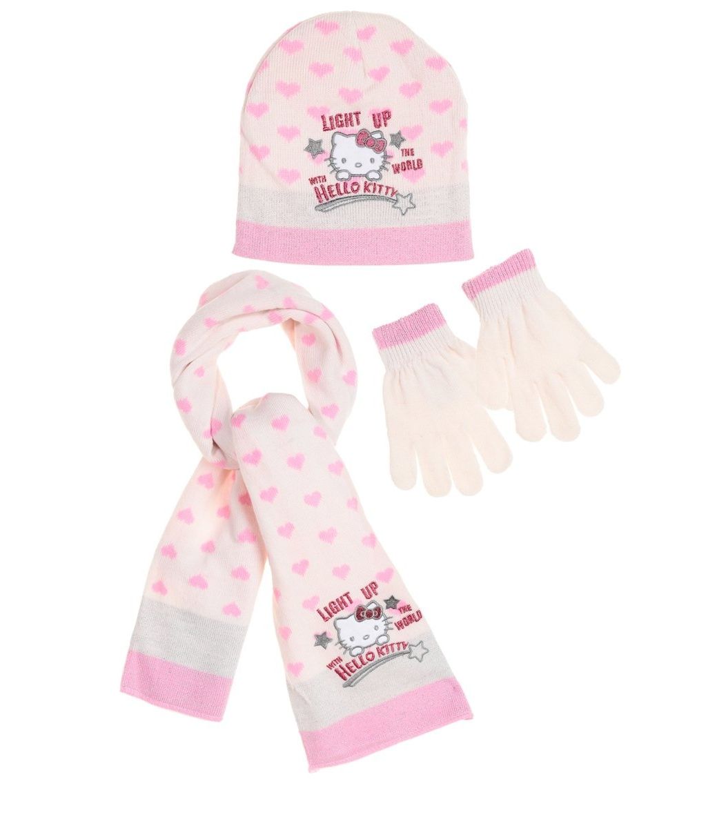 Hello Kitty Set, hat, pair of gloves and a scarf, cream