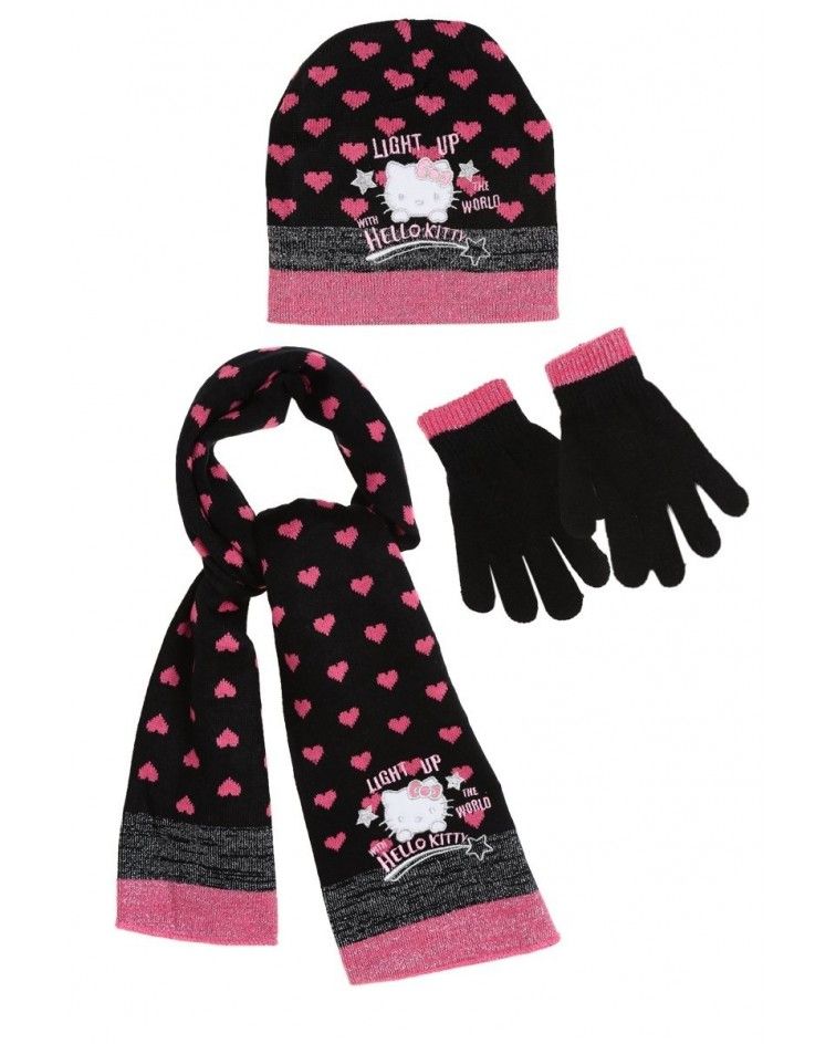 Hello Kitty ΣΕΤ σκουφάκι γάντια κασκόλ, μαύρο